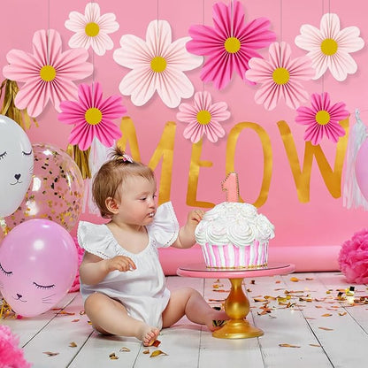 YUNXUAN Pink Party Decorations Paper Fan Paper Flowers Decorations for Wall Flower Backdrop Classroom Baby Shower Birthday Flower Wall Decor Pack of 9 Pink