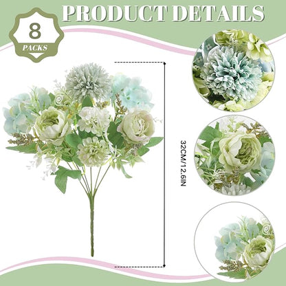 ASTRYAS 8Pcs Green Peonies Artificial Flowers, Fake Silk Peony Flowers Bouquets Arrangements Wedding Party Home Kitchen Garden Table DIY Floral Centerpieces Decor(Sage Green)