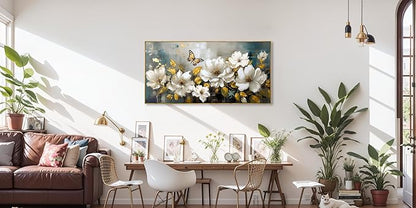 Wall Art Modern Flower Artwork Paintings White Blossom Gold Leaf Butterfly Landscape Picture wall Decor for Living Room Bedroom Kitchen 40"x79" with Framed