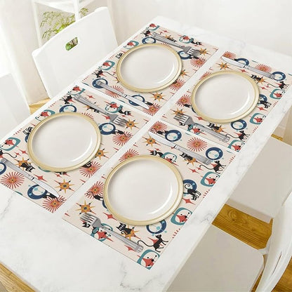 Mid Century Black Cat Modern Placemats Set of 4,Kitchen Table Mats for Dining Outdoor Home Decor 12x18 Retro Place Mats 4 PCS, Style-17