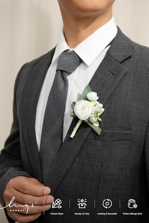 Ling's moment Boutonniere for Men, 6pcs Groom Groomsmen Boutonniere, Artificial Flowers for Wedding Decor/Prom/Homecoming, etc.White Ranunculus Pearl