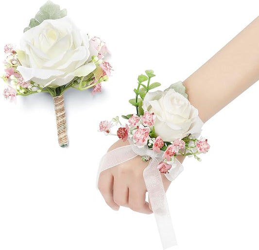 White & Pink Rose Corsage and Men Boutonniere Set for Wedding Ivory Corsages Wristlet Band Bracelet for Wedding Flowers Accessories Prom Suit Decorations