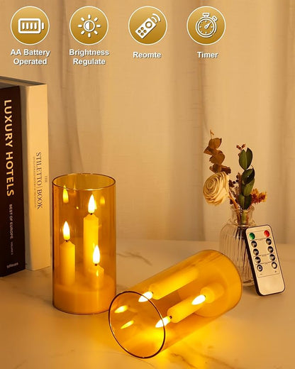 Enido Gold 2 Pc 3-in-1 Taper Flameless LED Candles with Remote, Battery Operated Acrylic Pillar Set, 3" x 6" Flickering Electric Lights for Cozy Home & Holiday Romantic Decor