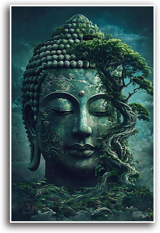 Buddha statue wall art canvas wall decor aesthetic picture mystical nature art for tranquil home and spiritual space 20x30in Frameless