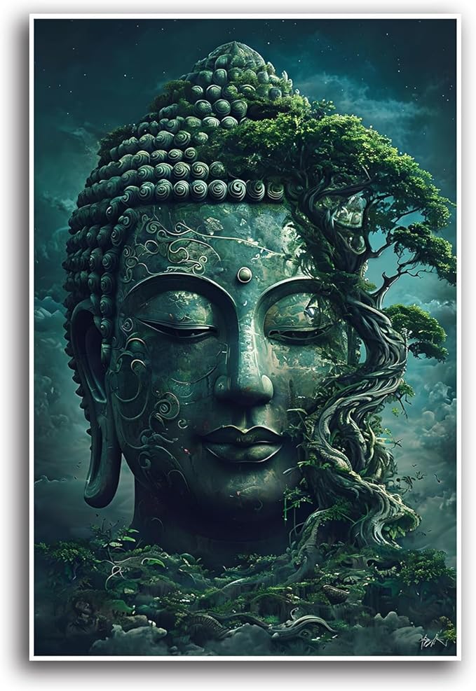 Buddha statue wall art canvas wall decor aesthetic picture mystical nature art for tranquil home and spiritual space 12x18in Frameless