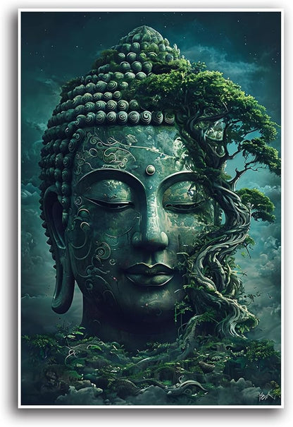 Buddha statue wall art canvas wall decor aesthetic picture mystical nature art for tranquil home and spiritual space 16x24in Frameless