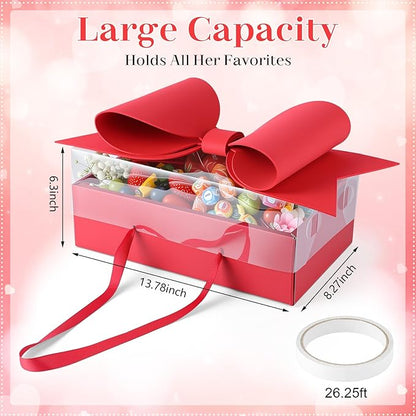 AceOrbit 3 Set Flower Gift Box with Bow Paper Empty Large Red Gift Baskets with Lid and Handle Squared Cardboard Fillable Present Chocolate Packaging for Christmas Valentine Birthdays Bridal Wedding