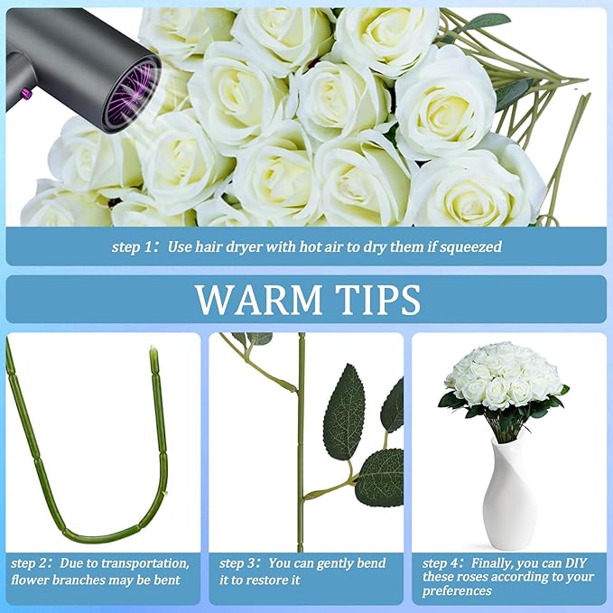 30pcs Fake Roses Artificial Silk Flowers Long Stems Bouquet for Wedding Bridal Shower Party Home Decoration (White)