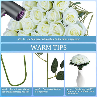 30pcs Fake Roses Artificial Silk Flowers Long Stems Bouquet for Wedding Bridal Shower Party Home Decoration (White)