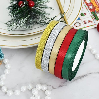 TONIFUL 5 Colors Christmas Ribbon 3/8 Inch x 125 yds Thin Satin Ribbon Rolls with Glitter and Solid Color for Gift Wrapping Crafts Bows Ornaments Hanging Christmas Tree Decorations