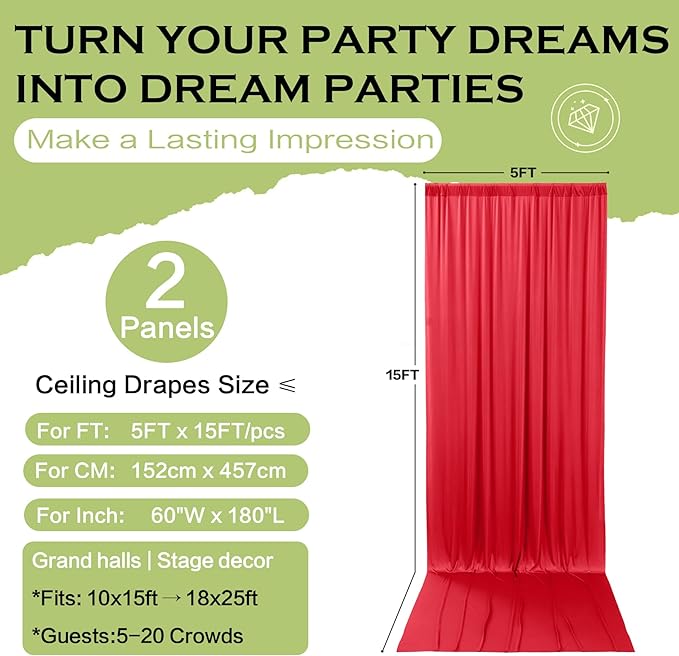 PartyVillage 10ft×15ft ChrismasRed Backdrop Curtain for Wedding Parties, 2 Panels Wrinkle Free 15 FT Long Polyester Photo Backdrop Drapes Back Drop Cloth for Birthday Photography Background
