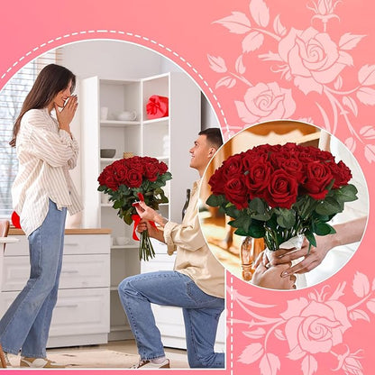 30pcs Fake Roses Artificial Silk Flowers Long Stems Bouquet for Wedding Bridal Shower Party Home Decoration (Burgundy)