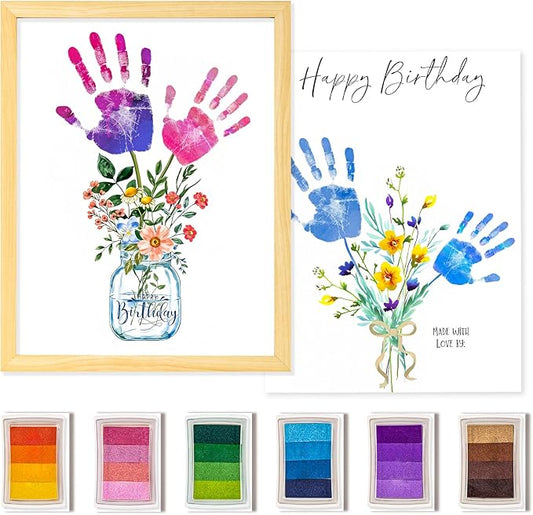 DIY Birthday Gifts for Grandma and Mom Flower Bouquet Handprint Craft Kit, Unique Gifts for Grandma Mom Mimi Nana, Thanksgiving 12" x 16", 2 Art Papers, Wood Frame