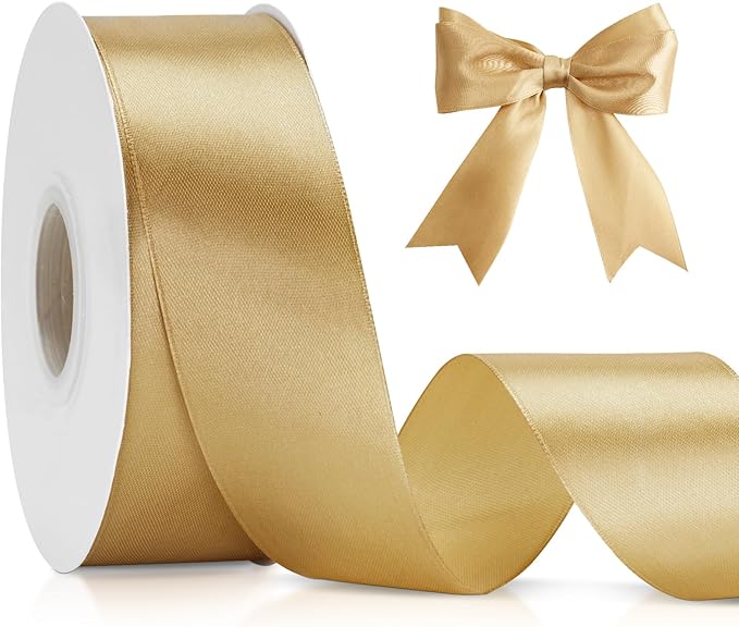 KINGLAKE Champagne Gold Satin Ribbon 1 1/2 inch x 50 Yards - Polyester Silk Hair Ribbons, Fabric Gold Ribbon for Gift Wrapping, Floral Bouquets, Craft Bow, Wedding, Valentines Day