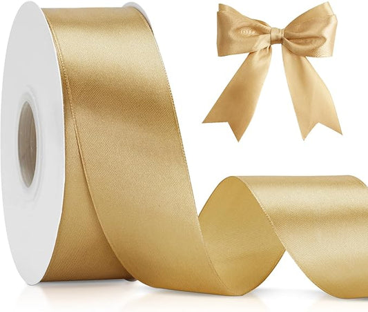 KINGLAKE Champagne Gold Satin Ribbon 1 1/2 inch x 50 Yards - Polyester Silk Hair Ribbons, Fabric Gold Ribbon for Gift Wrapping, Floral Bouquets, Craft Bow, Wedding, Valentines Day