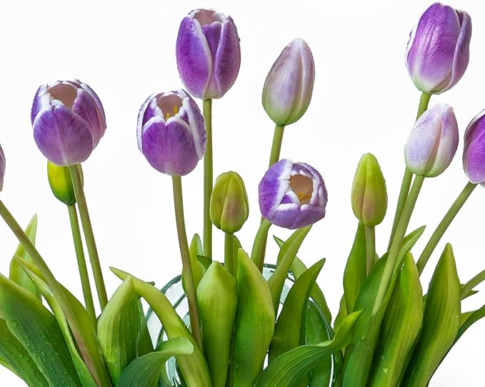 15pcs Artificial Tulips Flowers, Real Touch Latex Bouquet, Fake Tulips for Office Wedding Party Home Kitchen Garden Decoration-B Amethyst