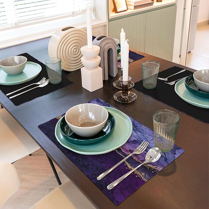 Purple Marble Placemats, Abstract Elegant Art Marble Floral Art Accents Print Washable Fabric Placemats Table Kitchen Dining Party 12x18 Inch Set of 4