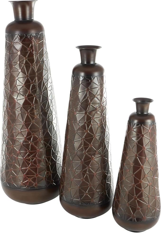 Deco 79 Metal Decorative Vase Tall Teardrop Shaped Centerpiece Vases with Hammered Texture, Set of 3 Vases for Home Decoration 53", 43", 32" H, Dark Brown