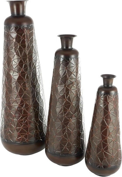 Deco 79 Metal Decorative Vase Tall Teardrop Shaped Centerpiece Vases with Hammered Texture, Set of 3 Vases for Home Decoration 53", 43", 32" H, Dark Brown