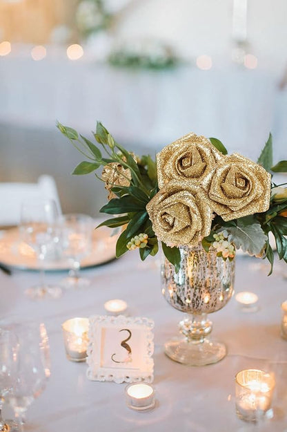 30 PCS Gold Artificial Flowers Glitter Roses Artificial Roses 2.17 in Foam Fake Flowers with Stem for Wedding Home Party DIY Bridal Bouquet Centerpieces Decor(Gold)