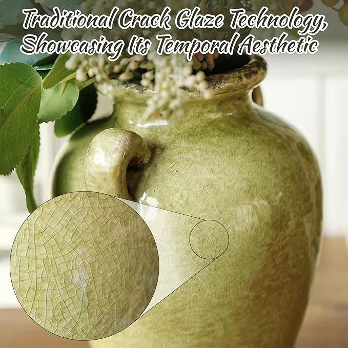 8 Inch Vintage Pitcher Vase, Rustic Green Ceramic Vases Flower Vase Farmhouse Decorative Pitchers for Home Decor, Terracotta Vases for Home Table Centerpiece Living Room Chinoiserie Decor