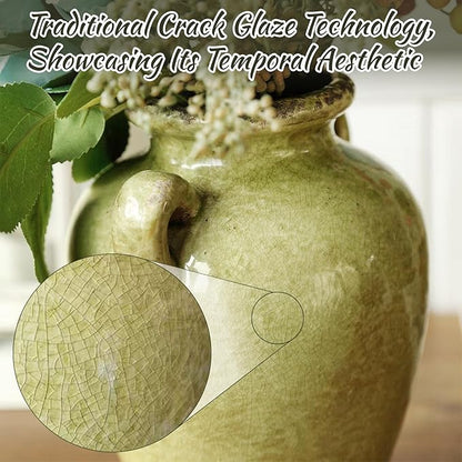 8 Inch Vintage Pitcher Vase, Rustic Green Ceramic Vases Flower Vase Farmhouse Decorative Pitchers for Home Decor, Terracotta Vases for Home Table Centerpiece Living Room Chinoiserie Decor