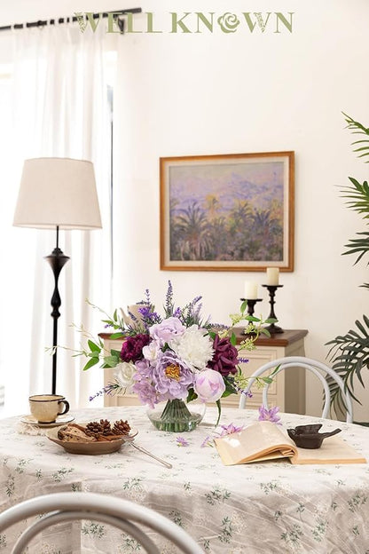 Artificial Flowers in Vase for Home Decor, Fake Lavender & Silk Peony Flower Bouquet Centerpieces in Glass Vase with Fake Water for Party Wedding Dinning Table Office Hotel Decor (Lavender Mixed Plus)