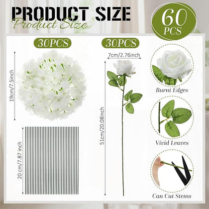 Havawish 60 Pcs Artificial Roses Fake Hydrangea Flowers with Stems, 30 Artificial Hydrangea 30 Fake Roses, Bridal Bouquet Realistic Faux White Flower Bulk for Wedding Garden Decorations