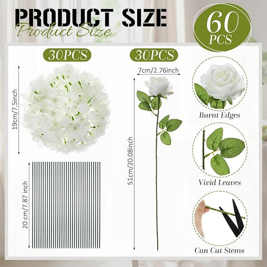 Havawish 60 Pcs Artificial Roses Fake Hydrangea Flowers with Stems, 30 Artificial Hydrangea 30 Fake Roses, Bridal Bouquet Realistic Faux White Flower Bulk for Wedding Garden Decorations