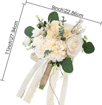 Set of 4 Bridesmaid Bouquets for Wedding, 9 Inch Boho Bridesmaid Flowers for Ceremony Anniversary Centerpieces Decorations, Artificial Rose Bouquets Romantic - Beige