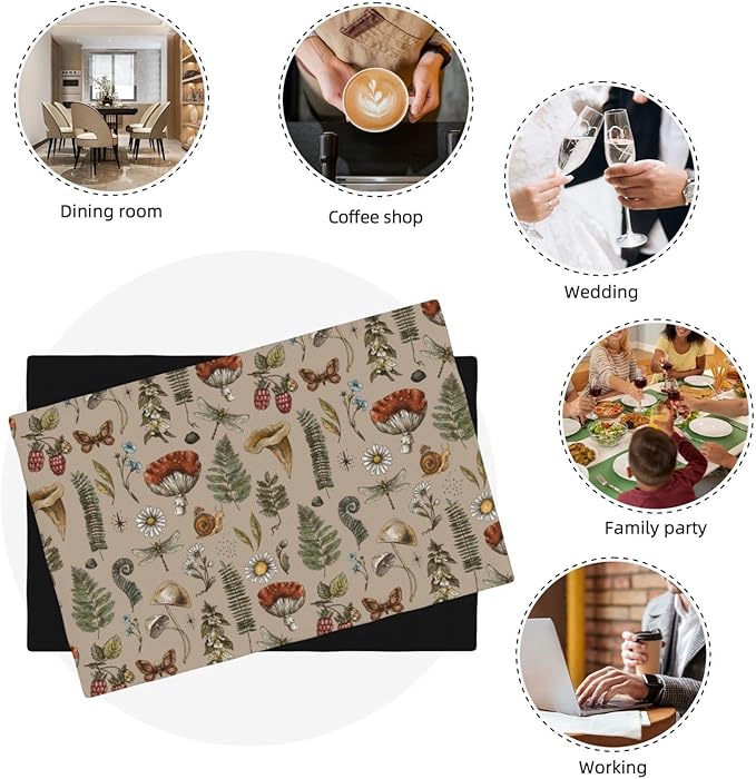 Mushroom Placemats Set of 6,Vintage Gothic Mushroom Fern Kitchen Place Mats Linen 12x18 Inch,Brown 6 PCS, Style-6