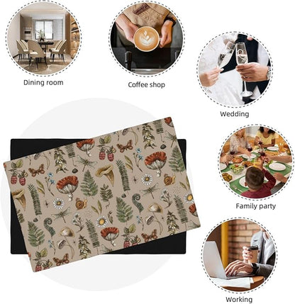 Mushroom Placemats Set of 4,Vintage Gothic Mushroom Fern Kitchen Place Mats Linen 12x18 Inch,Brown 4 PCS, Style-6
