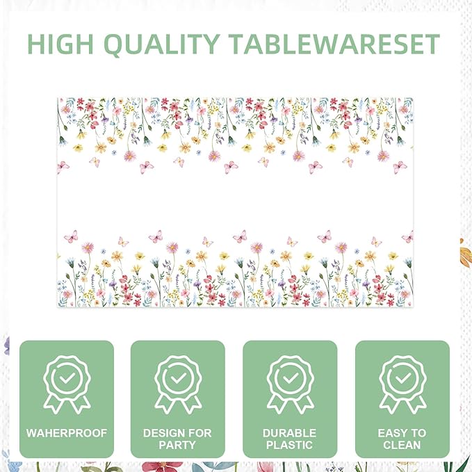 141Pcs Wildflower Party Decorations Spring Floral Birthday Decorations for 20 Guests - Tableware Plates and Napkins Forks Cups Straws Tablecloth for Baby Shower Party Decorations