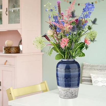Decorative Ceramic Vases for Home Decor Two Tone Boho Flower Vase for Table Centerpieces Big Blue Pottery Vase Table Flowers Decor Vase Living Room Shelf Fireplace