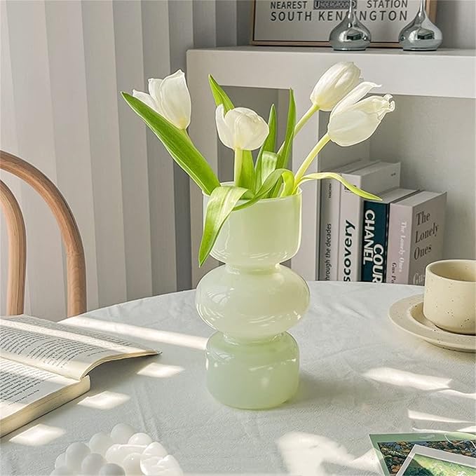 JSPYFITS Glass Hydroponic Flower Vase, 7 Inches Colored Glasses Bubble Vases for Flowers, Three-Layer Glass Funky Vase for Home/Office/Weddings/Party Table Flowers Decor (Milky Green)