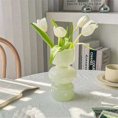 JSPYFITS Glass Hydroponic Flower Vase, 7 Inches Colored Glasses Bubble Vases for Flowers, Three-Layer Glass Funky Vase for Home/Office/Weddings/Party Table Flowers Decor (Milky Green)