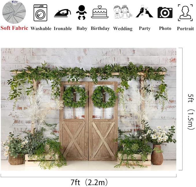 Kate Rustic White Painted Brick Wall Wood Door Photography Backdrops 7x5ft Spring Green Grass and Flowers Photo Backgrounds Baby Shower Backdrop Photoshoot Props