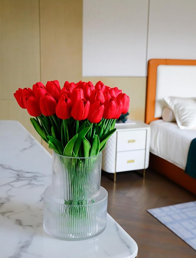 36 PCS Red Tulips Artificial Flowers 13" PU Fake Flowers for Wedding Home Decor (Red)