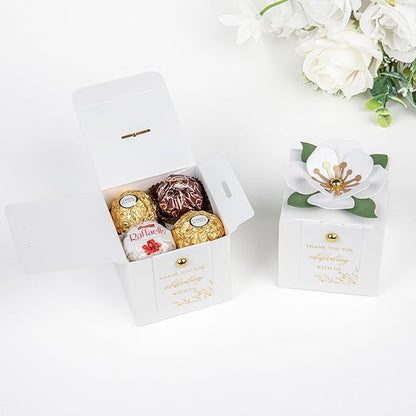 FEIYI 20 PCS Favor Boxes, 3 In 1 White Candy Boxes with Floral Decor, White Thank You Tags Gold Foil Print Gift wrapping for Wedding, Baby Shower, Birthday, Decorations Party - 2.55x2.55x2.55
