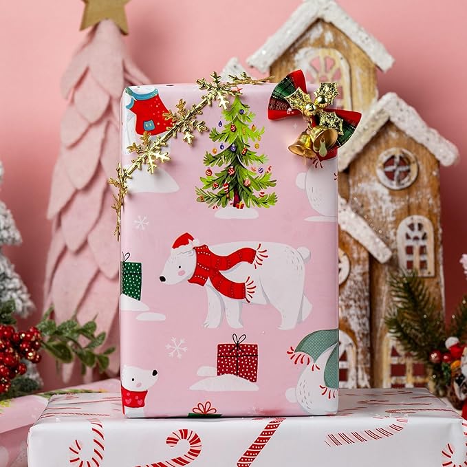 MAYPLUSS Christmas Wrapping Paper Roll - 17IN X 33FT - Pink Gift Wrap Paper Featuring Christmas Tree Polar Bear Scarf Hat Reversible Candy Cane for Kids, Holiday, New Year