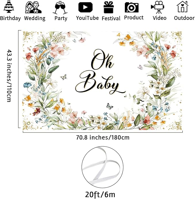 Avezano Wildflower Baby Shower Backdrop Wildflower Baby Shower Decorations Greenery Floral New Born Background Spring Oh Baby Birthday Party Banner 70.8 x 43.3 Inch
