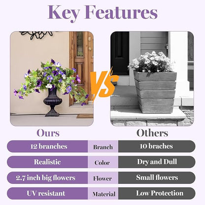 Artificial Morning Glory Fake Flowers for Outdoor Planter Decoration, 2 Pcs Petunias Realistic UV Resistant Faux Silk Flowers for Garden Balcony Porch Indoor Decor (Purple White)