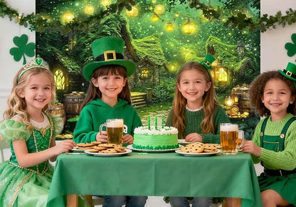 5X3ft St. Patrick's Day Backdrop Magic Enchanted Forest Green House Lucky Irish Shamrock Gold Coins Wonderland Photography Background for Kids Girls Party Decoration Cake Table Photo Booth Props