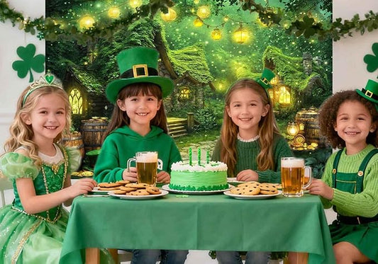 15X10ft St. Patrick's Day Backdrop Magic Enchanted Forest Green House Lucky Irish Shamrock Gold Coins Wonderland Photography Background for Kids Girls Party Decoration Cake Table Photo Booth Props