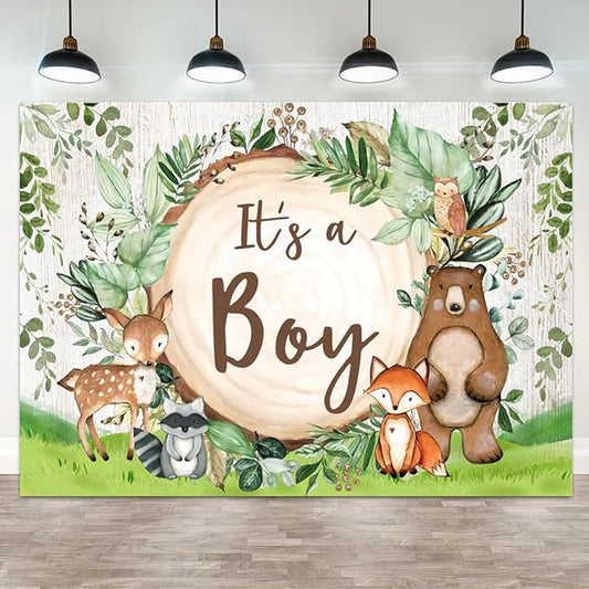 15x10ft Woodland Baby Shower Backdrop It's a Boy Photography Background Jungle Green Grass Safari Animals Bear Fox Baby Boys Party Banner Decorations Newborn Portrait Photo Booth Prop