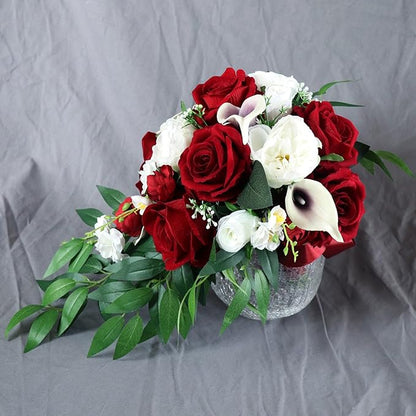 Wedding Bouquet for Bride, White and Wine Red Water Drop Bridal Bouquet Artificial Flowers Roses Cascading Wedding Bouquet for Ceremony Anniversary Party Bridal Shower Wedding Decoration