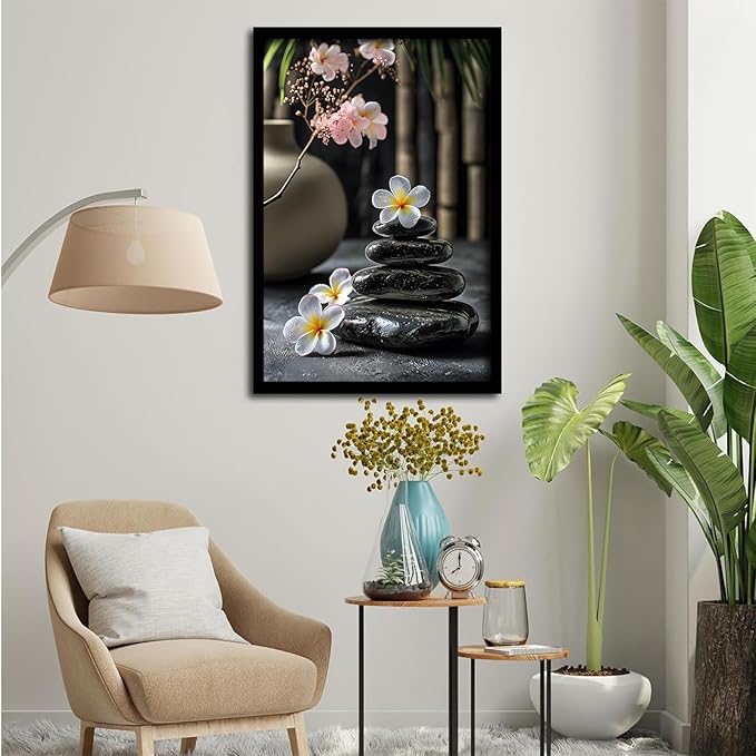 A harmonious black stone stack paired with white and pink flowers bamboo and ceramic vases creates a tranquil Zen decor for minimalist homes and mindful spaces 12x18in Metal blackFramed
