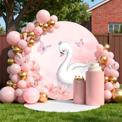 AOFOTO Swan Round Backdrop Pink Floral Butterfly Print Photography Background for Baby Shower Women Newborn Girls Birthday Party Banner Home Wall Decor Photo Studio Booth Props 7.5x7.5ft