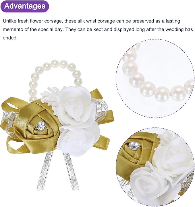 MECCANIXITY Wrist Corsage Artificial Flower Bracelets Rose Wrist Bride Groom Decorative for Wedding Ceremony Prom Party Anniversary Dark Yellow