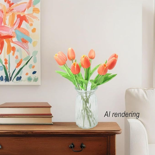Artificial Flowers 10 Heads Mini Real Touch Artificial Tulip for Home Wedding Party Centerpiece Decoration (Gradient Orange)
